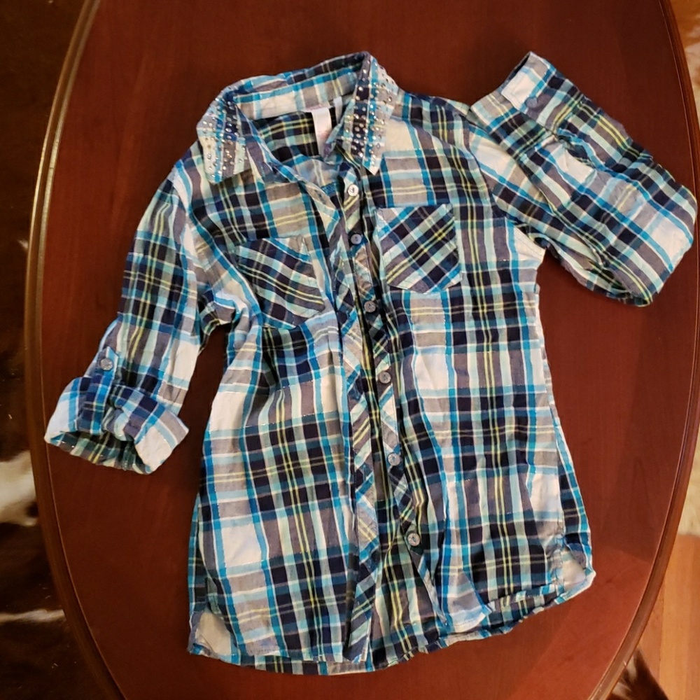 Justice Rhinestone Button Up 3/4 Roll Up Sleeves